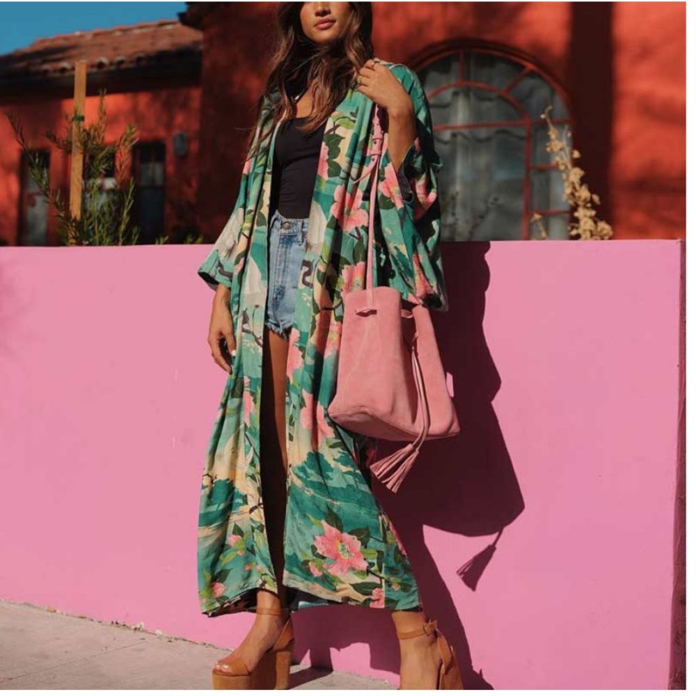 Boho Gypsy Mint Green Floral print Kimono Cover Up Beach - Picture 3 of 6